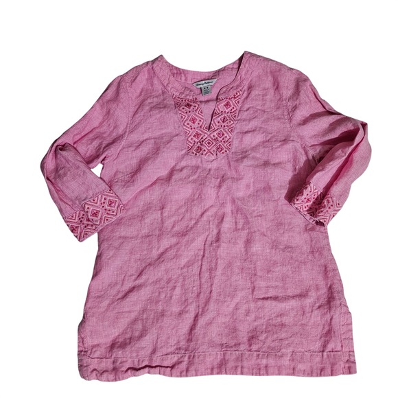 Tommy Bahama Tops - Tommy Bahama Pink Linen Embroidered Sequin V-Neck Tunic Blouse Mens Medium